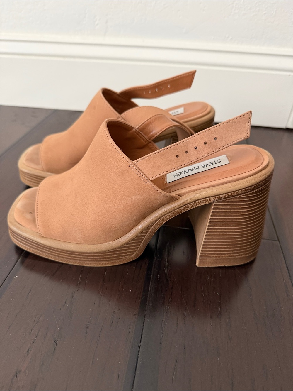 Steve Madden Tan Suede Open-Toe Slingback Block Heels